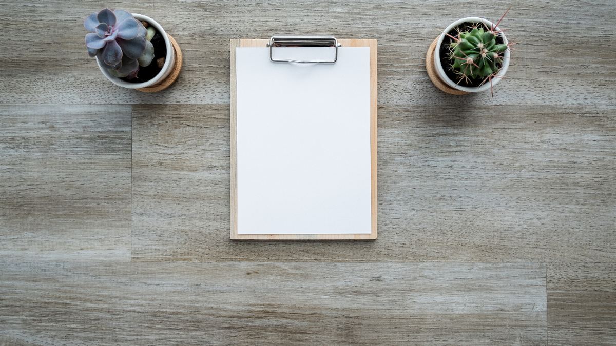 A blank clipboard between two small potted cactus plants on a gray wooden desk